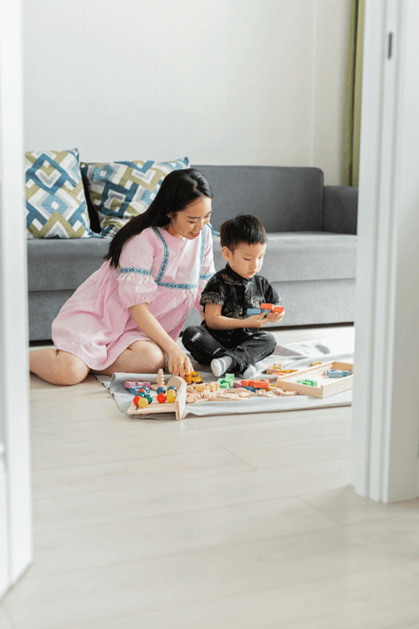Woman and young boy playing with toys